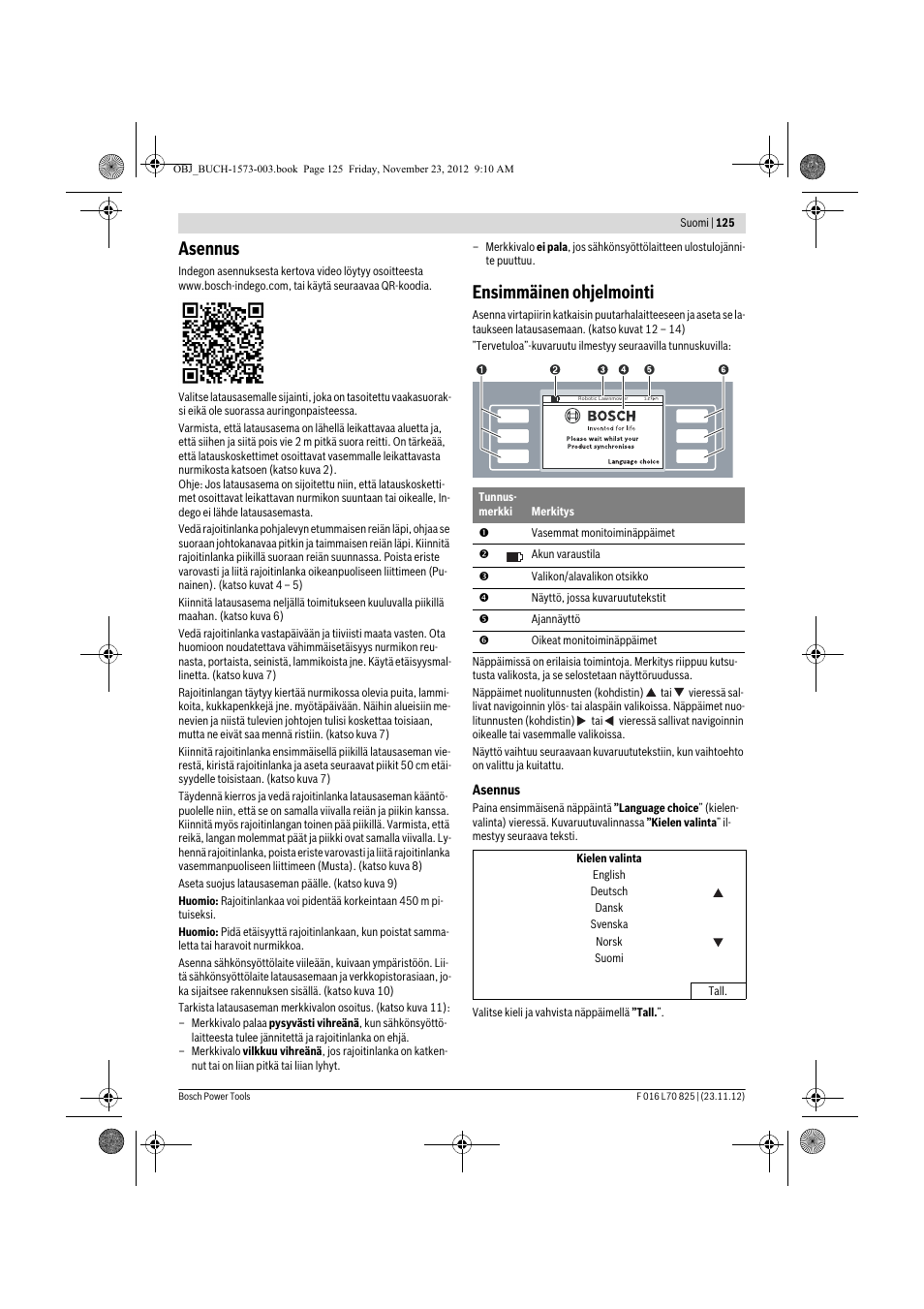 Asennus, Ensimmäinen ohjelmointi | Bosch Indego User Manual | Page 125 / 309