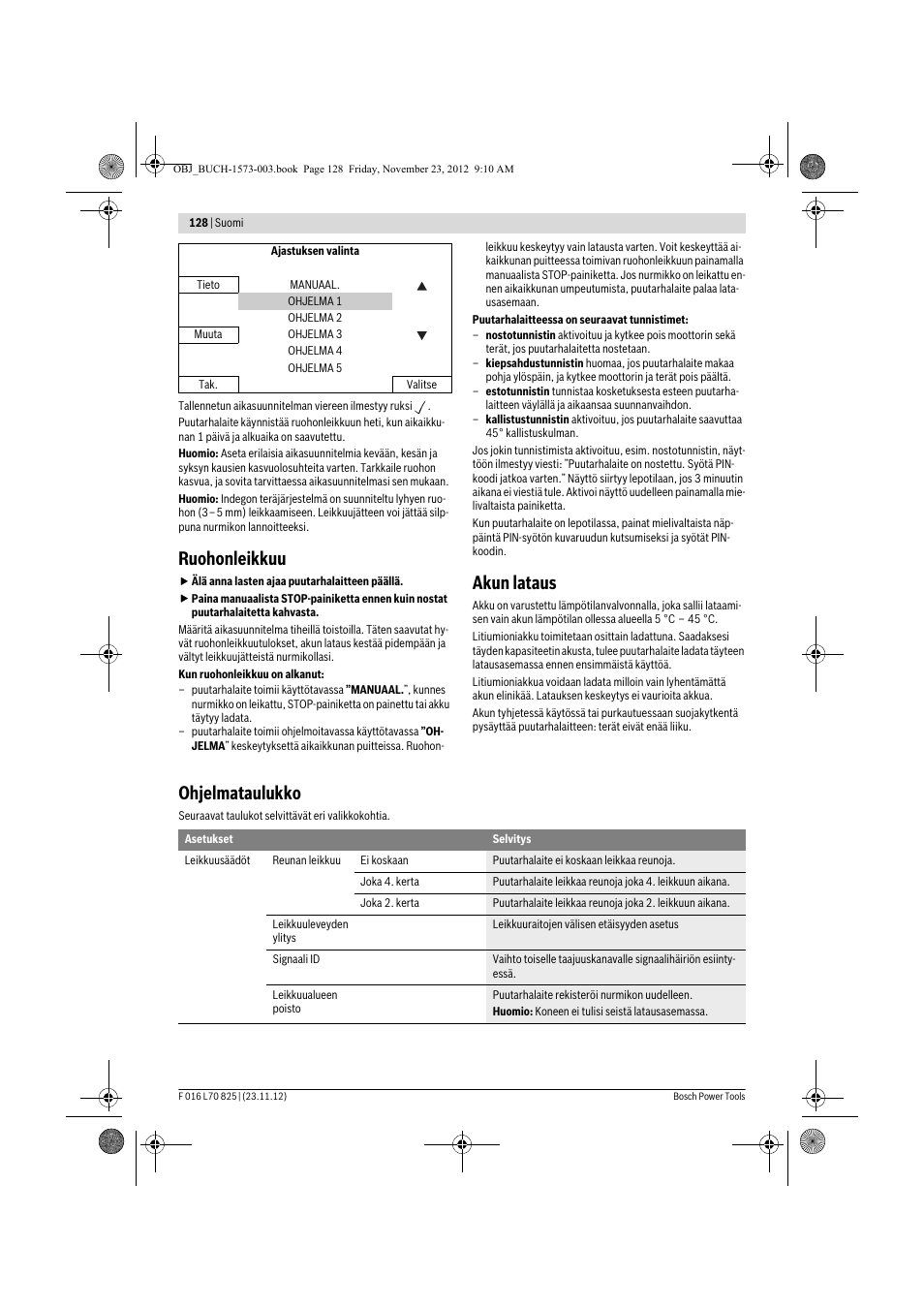 Ruohonleikkuu, Akun lataus, Ohjelmataulukko | Bosch Indego User Manual | Page 128 / 309