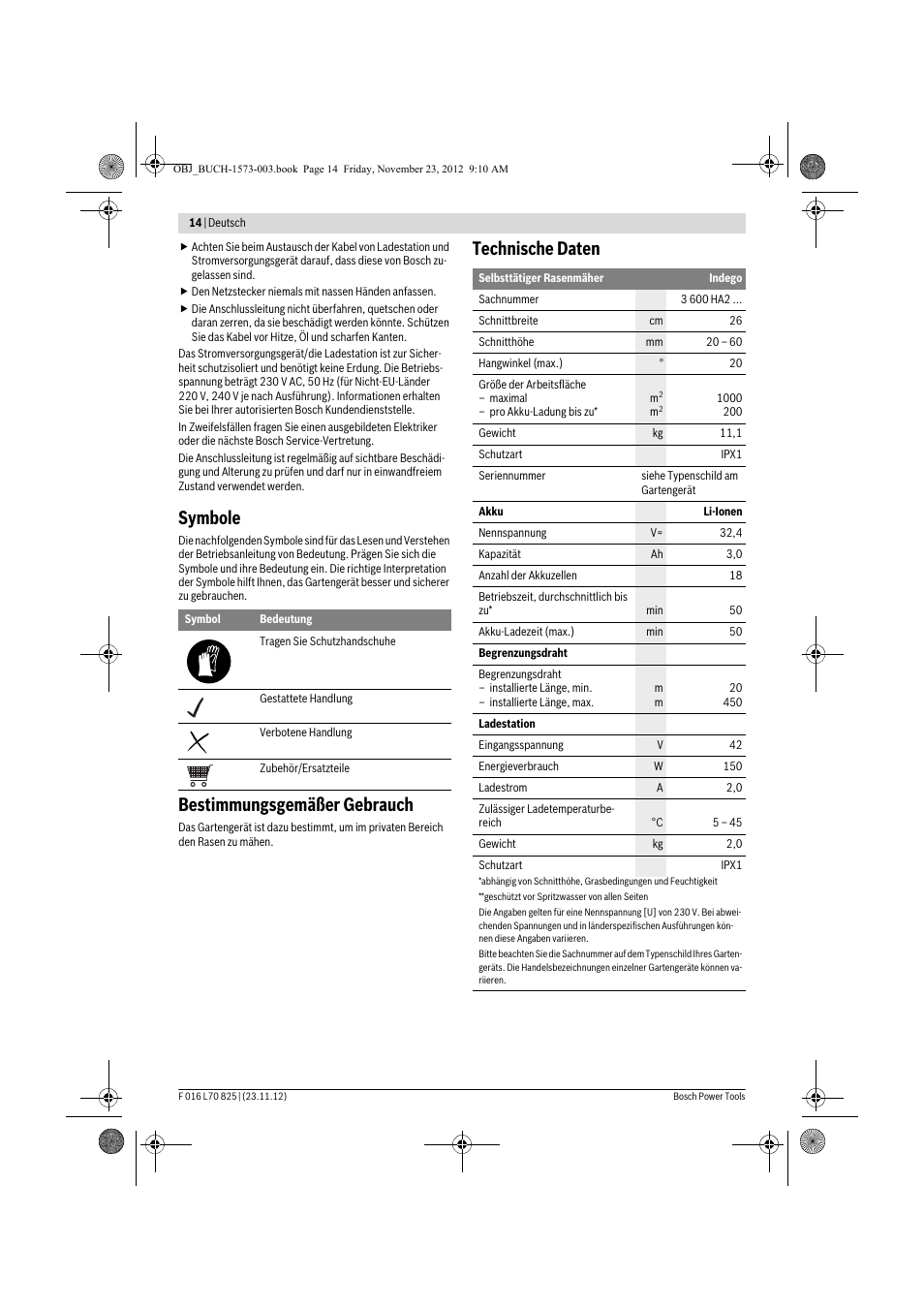 Symbole, Bestimmungsgemäßer gebrauch, Technische daten | Bosch Indego User Manual | Page 14 / 309