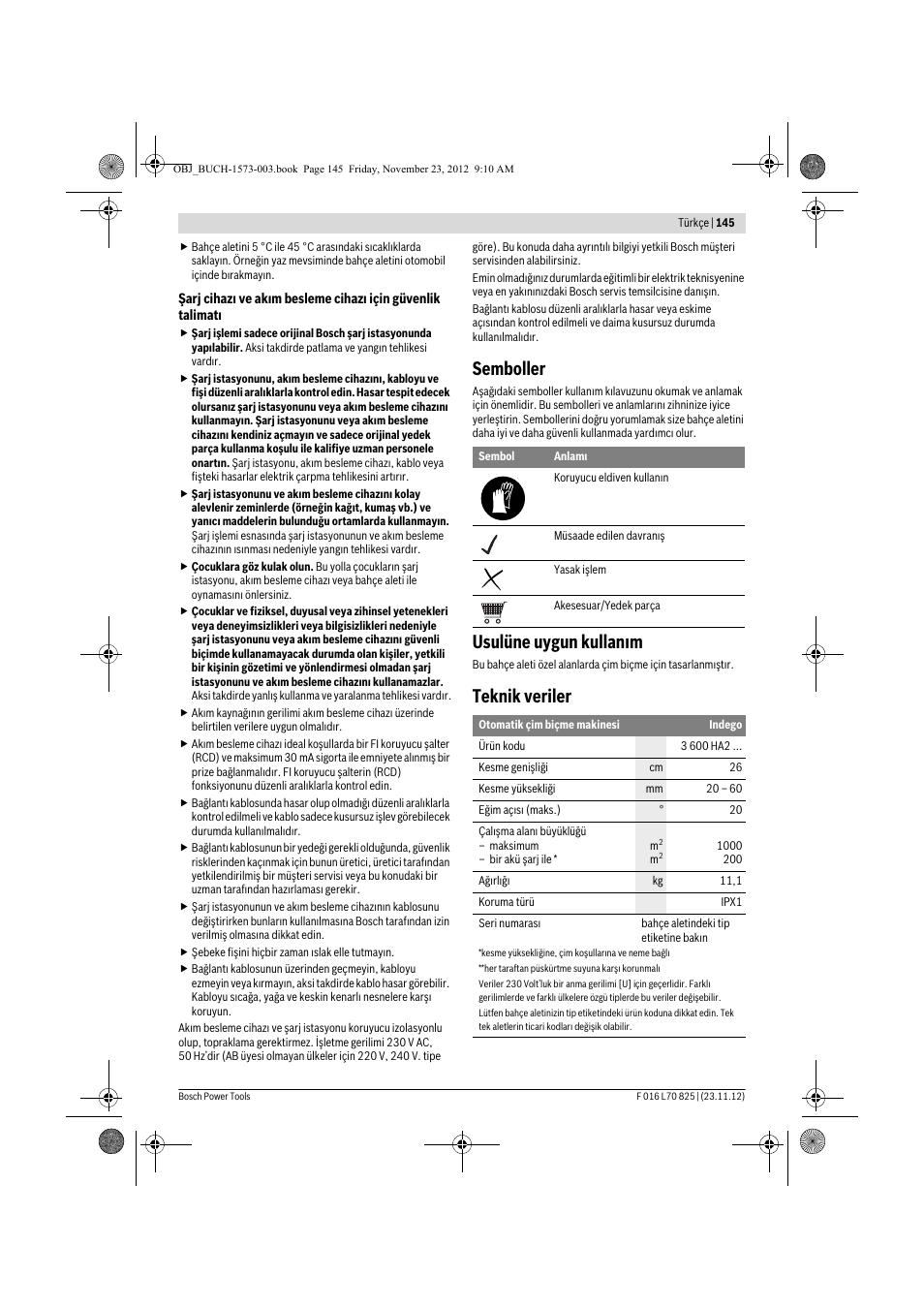 Semboller, Usulüne uygun kullanım, Teknik veriler | Bosch Indego User Manual | Page 145 / 309