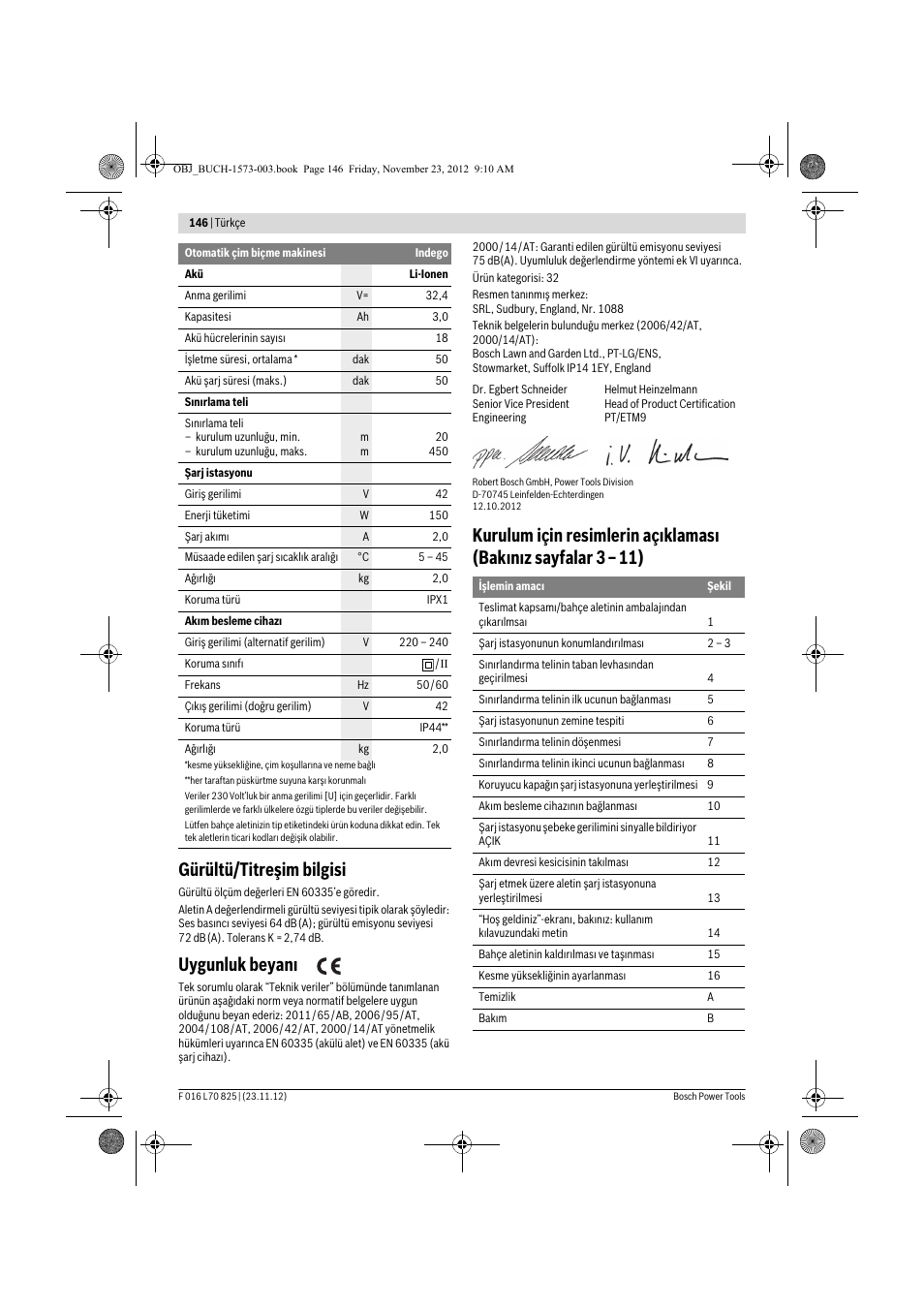 Gürültü/titreşim bilgisi, Uygunluk beyanı | Bosch Indego User Manual | Page 146 / 309