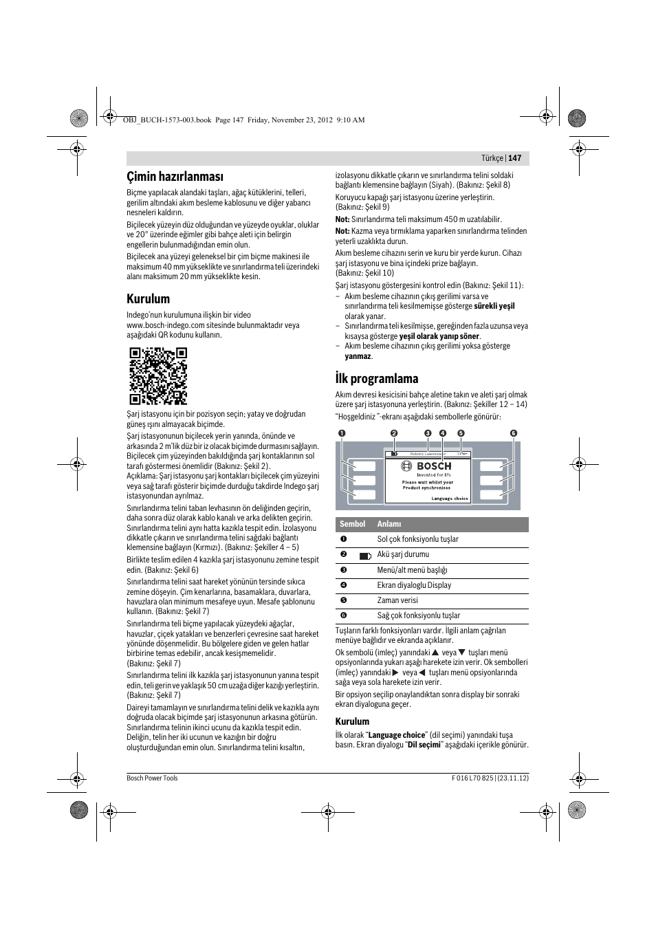 Çimin hazırlanması, Kurulum, Ilk programlama | Bosch Indego User Manual | Page 147 / 309