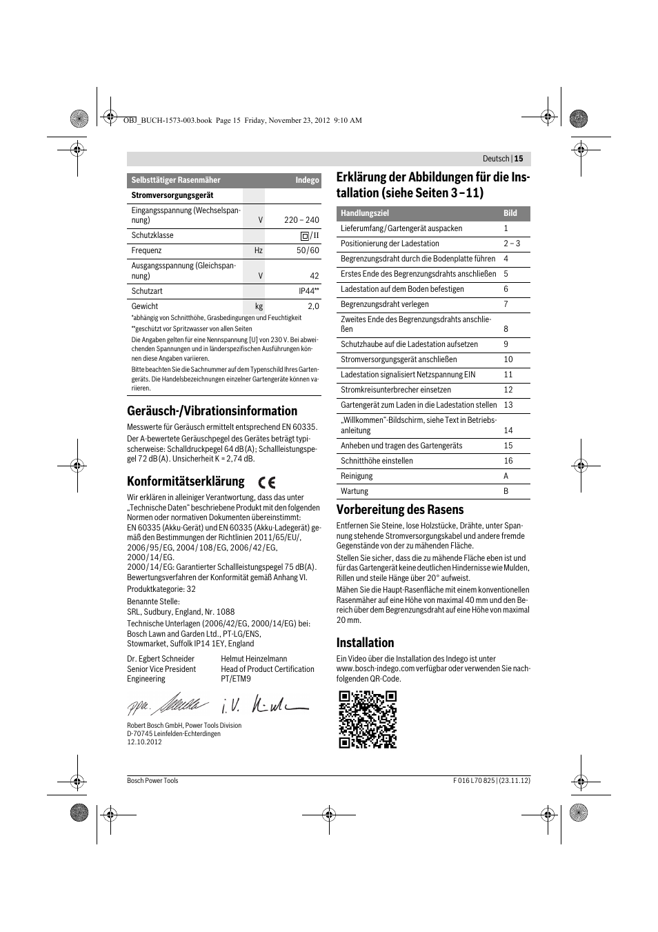 Geräusch-/vibrationsinformation, Konformitätserklärung, Installation | Bosch Indego User Manual | Page 15 / 309