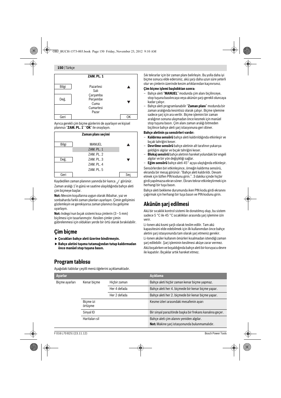 Çim biçme, Akünün şarj edilmesi, Program tablosu | Bosch Indego User Manual | Page 150 / 309