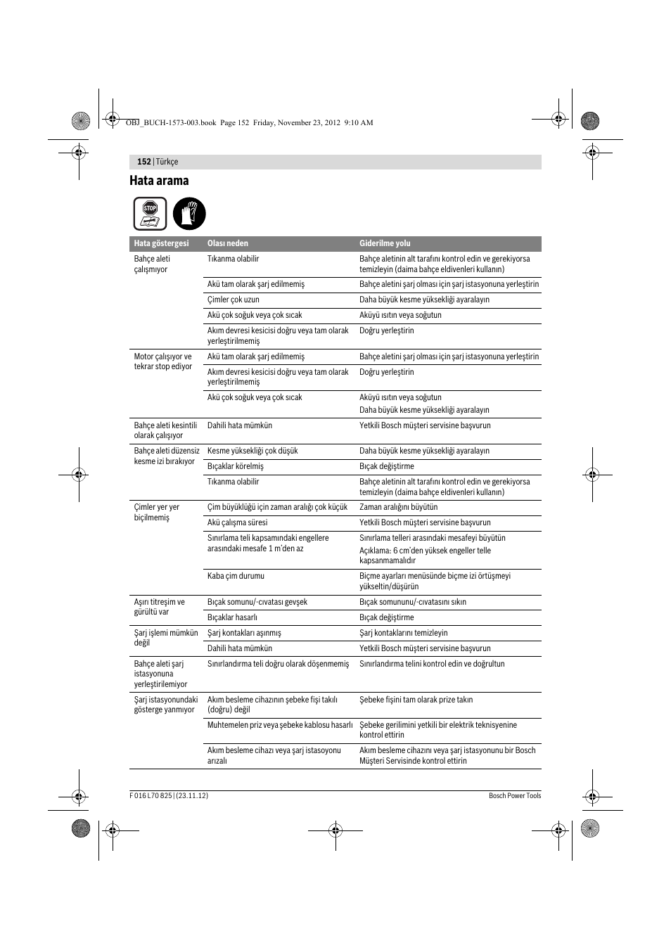 Hata arama | Bosch Indego User Manual | Page 152 / 309