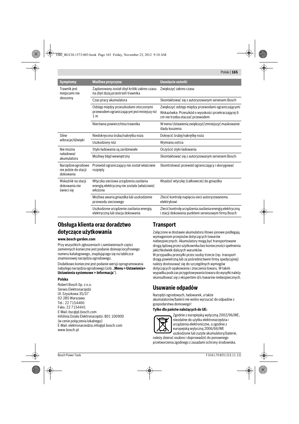 Transport, Usuwanie odpadów | Bosch Indego User Manual | Page 165 / 309