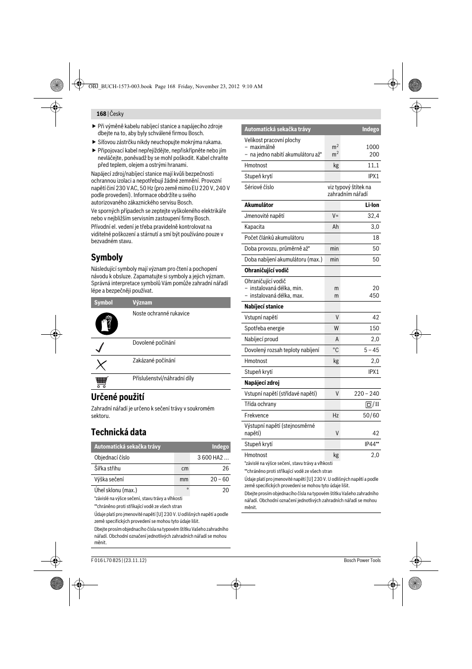 Symboly, Určené použití, Technická data | Bosch Indego User Manual | Page 168 / 309