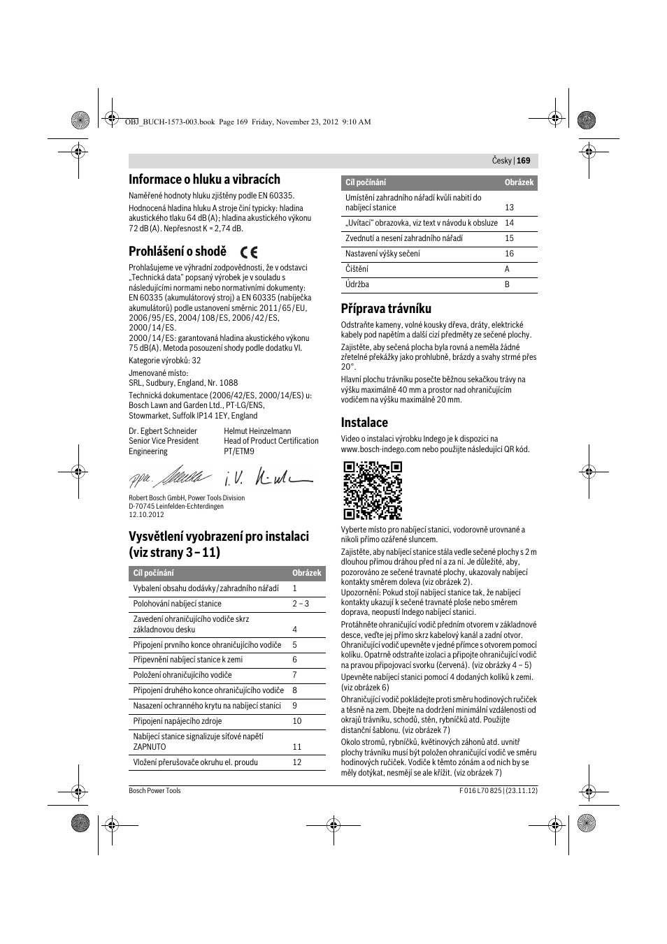 Informace o hluku a vibracích, Prohlášení o shodě, Instalace | Bosch Indego User Manual | Page 169 / 309