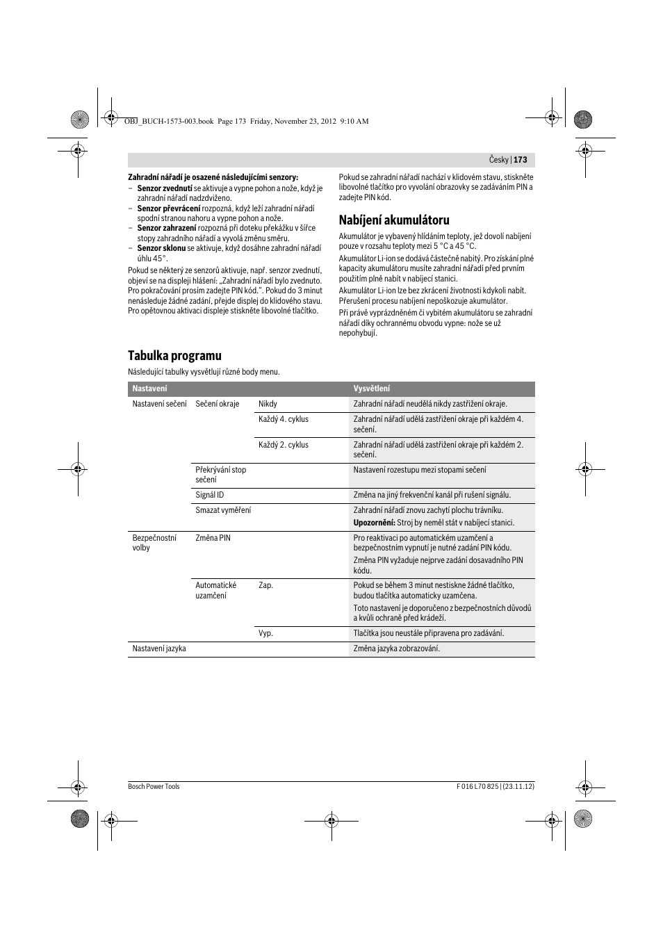 Nabíjení akumulátoru, Tabulka programu | Bosch Indego User Manual | Page 173 / 309