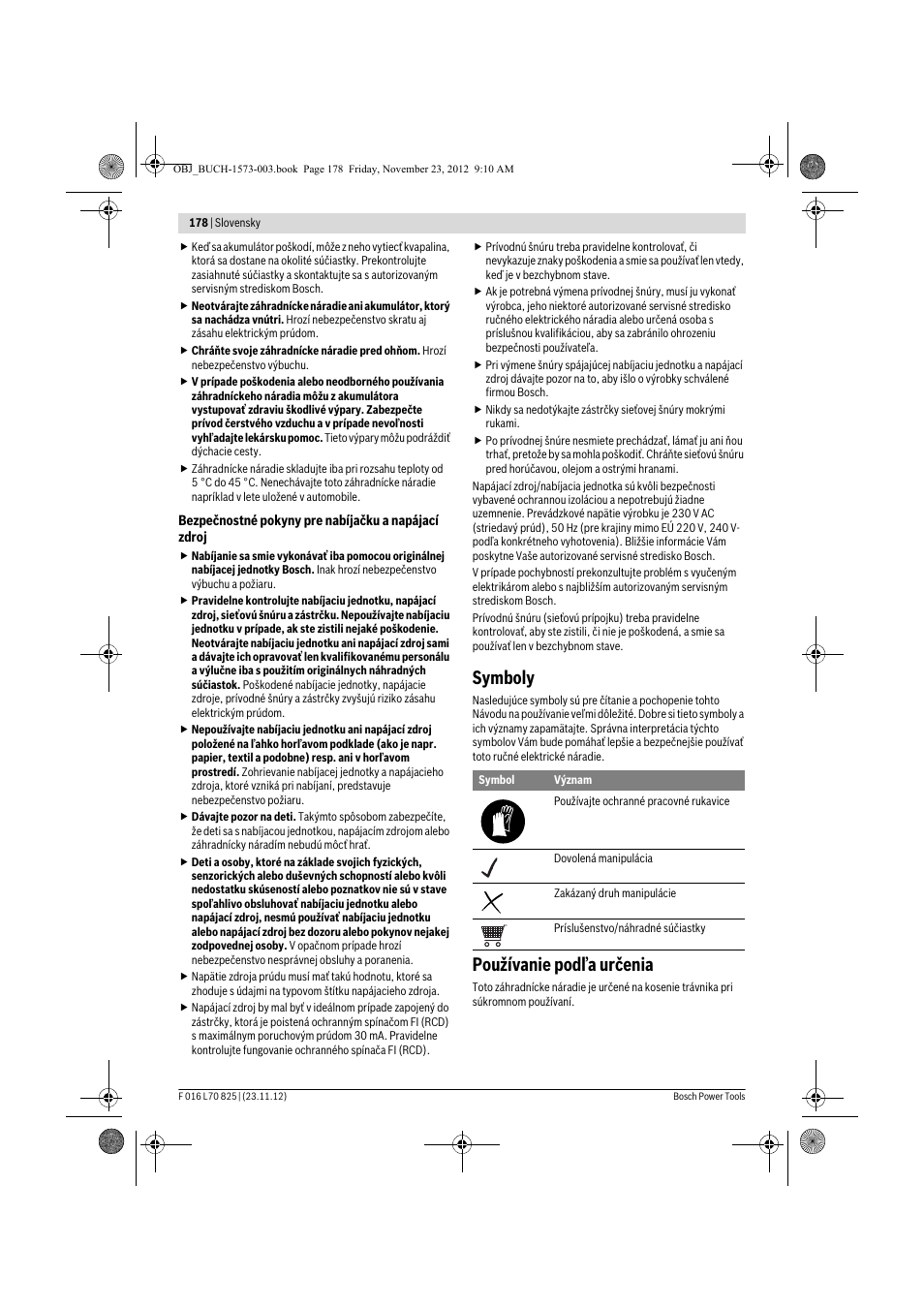 Symboly, Používanie podľa určenia | Bosch Indego User Manual | Page 178 / 309