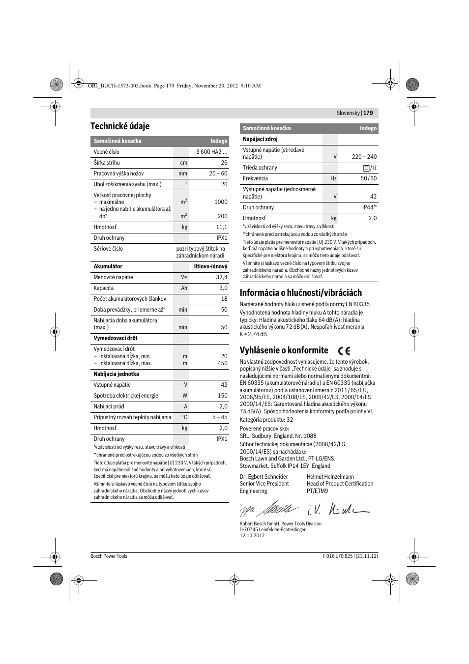 Technické údaje informácia o hlučnosti/vibráciách, Vyhlásenie o konformite | Bosch Indego User Manual | Page 179 / 309