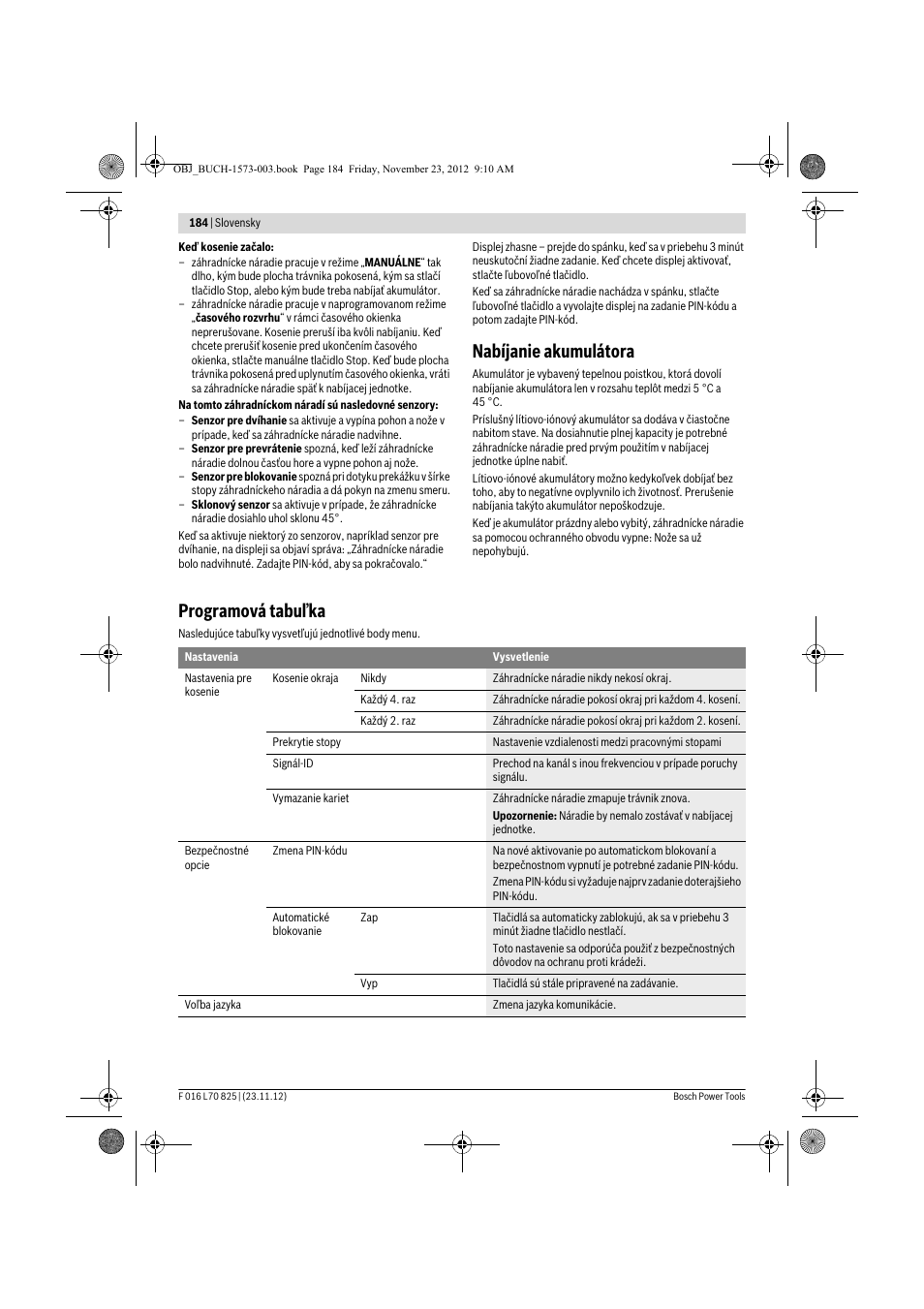 Nabíjanie akumulátora, Programová tabuľka | Bosch Indego User Manual | Page 184 / 309