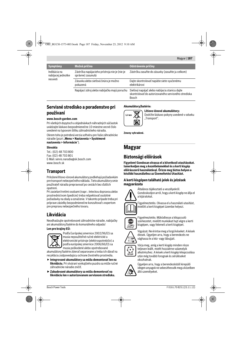 Magyar, Servisné stredisko a poradenstvo pri používaní, Transport | Likvidácia, Biztonsági előírások | Bosch Indego User Manual | Page 187 / 309