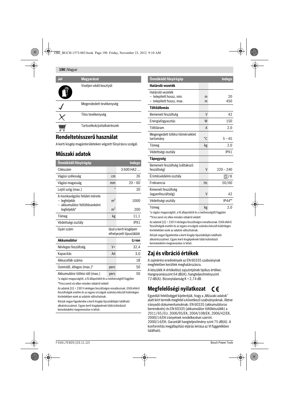 Rendeltetésszerű használat, Műszaki adatok zaj és vibráció értékek, Megfelelőségi nyilatkozat | Bosch Indego User Manual | Page 190 / 309