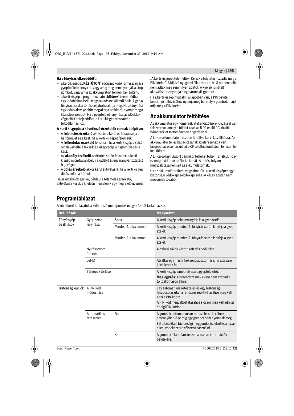 Az akkumulátor feltöltése, Programtáblázat | Bosch Indego User Manual | Page 195 / 309