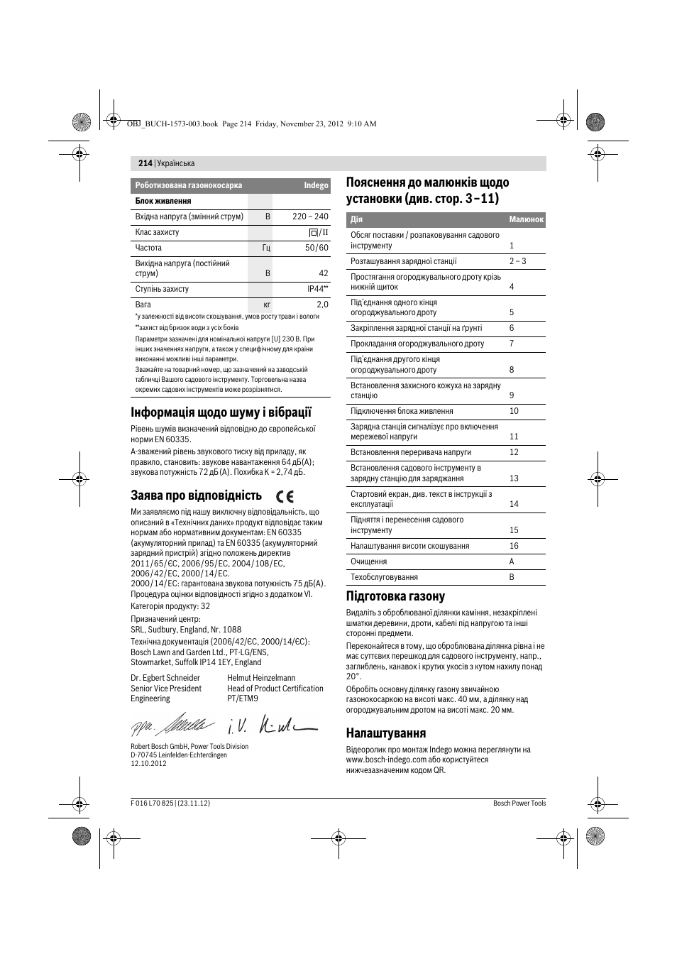 Інформація щодо шуму і вібрації, Заява про відповідність, Налаштування | Bosch Indego User Manual | Page 214 / 309