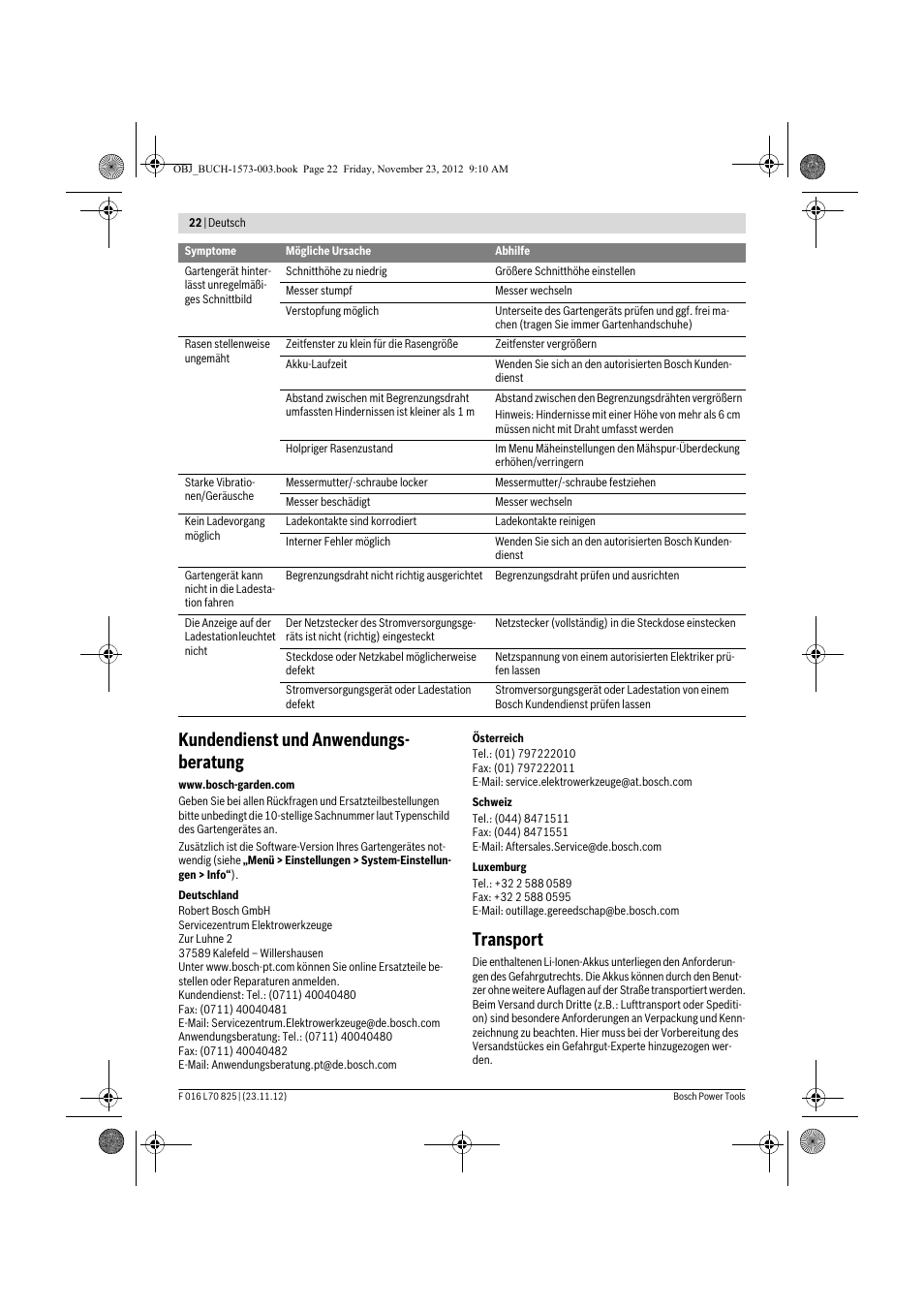 Kundendienst und anwendungs- beratung, Transport | Bosch Indego User Manual | Page 22 / 309