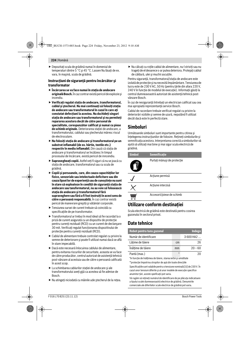 Simboluri, Utilizare conform destinaţiei, Date tehnice | Bosch Indego User Manual | Page 224 / 309