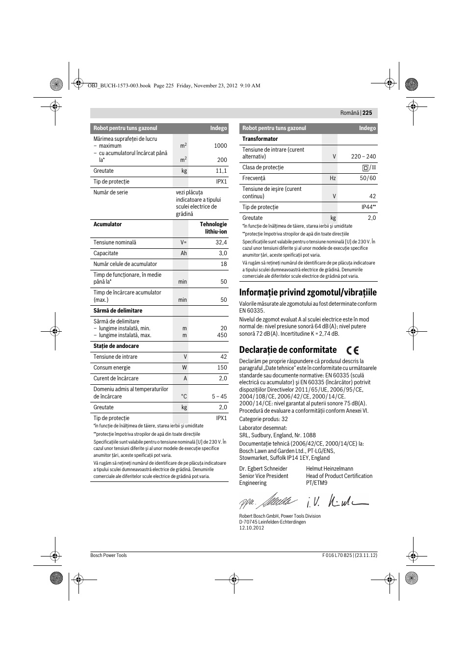 Informaţie privind zgomotul/vibraţiile, Declaraţie de conformitate | Bosch Indego User Manual | Page 225 / 309