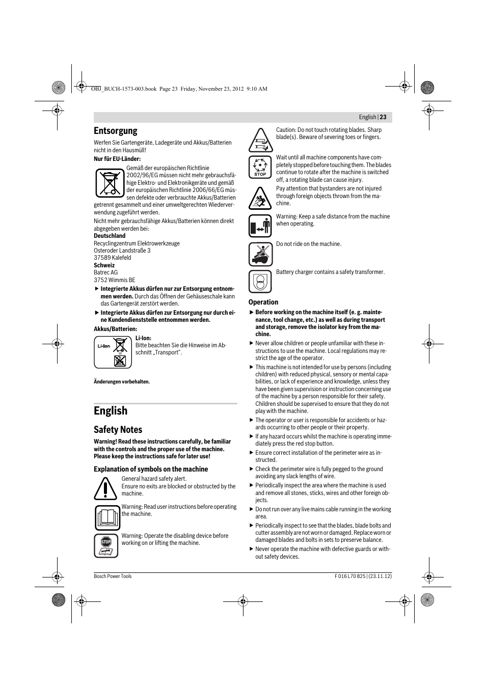 English, Entsorgung | Bosch Indego User Manual | Page 23 / 309