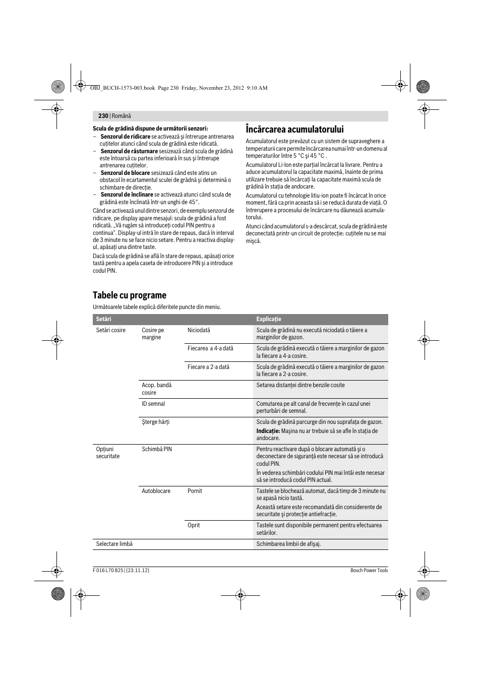 Încărcarea acumulatorului, Tabele cu programe | Bosch Indego User Manual | Page 230 / 309