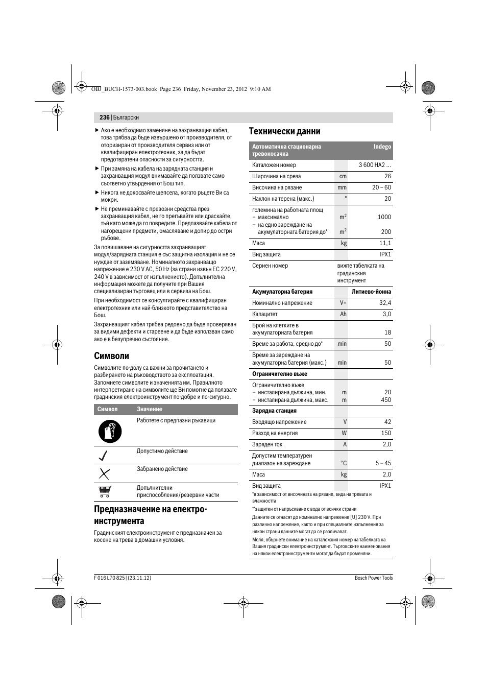 Символи, Предназначение на електро- инструмента, Технически данни | Bosch Indego User Manual | Page 236 / 309