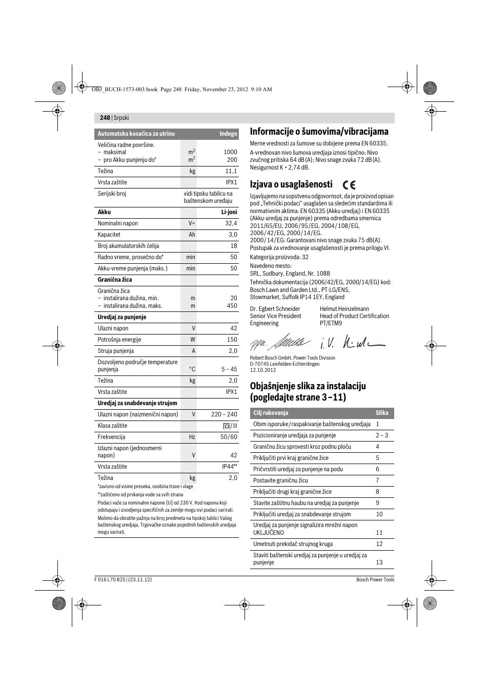 Informacije o šumovima/vibracijama, Izjava o usaglašenosti | Bosch Indego User Manual | Page 248 / 309