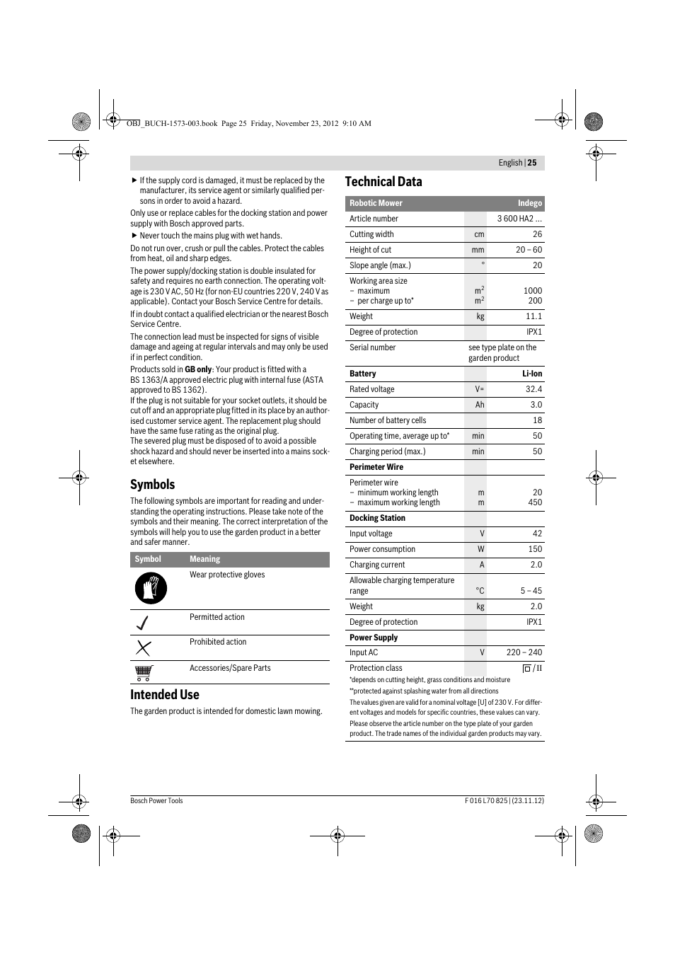 Symbols, Intended use, Technical data | Bosch Indego User Manual | Page 25 / 309