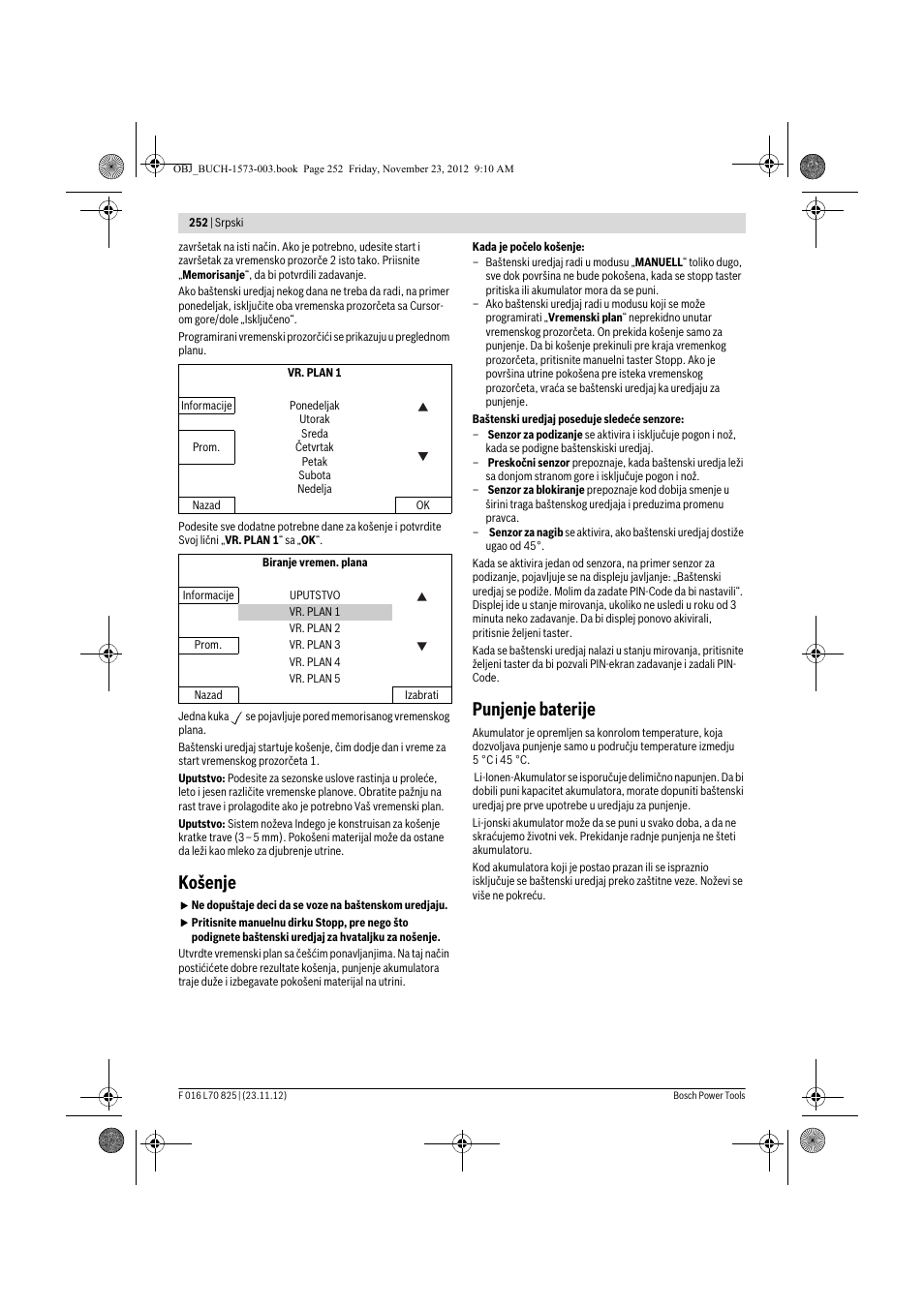 Košenje, Punjenje baterije | Bosch Indego User Manual | Page 252 / 309