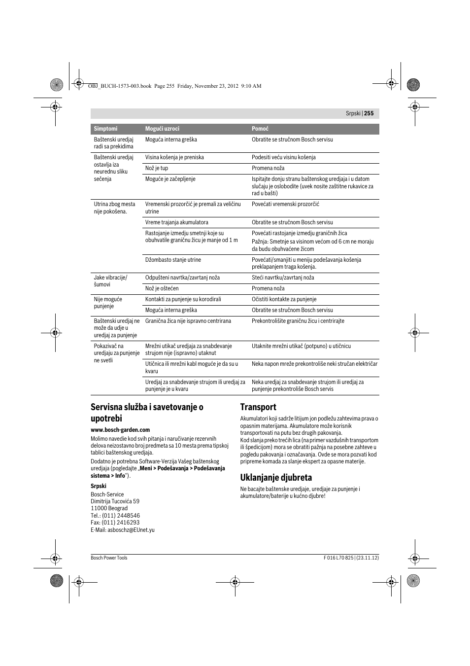 Servisna služba i savetovanje o upotrebi, Transport, Uklanjanje djubreta | Bosch Indego User Manual | Page 255 / 309