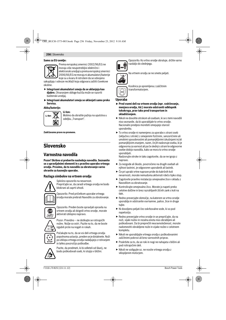 Slovensko, Varnostna navodila | Bosch Indego User Manual | Page 256 / 309