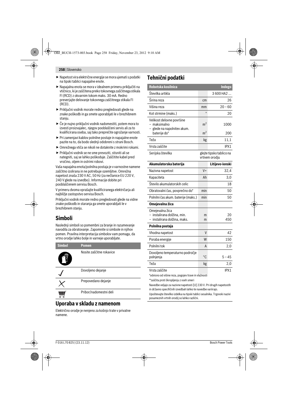 Simboli, Uporaba v skladu z namenom, Tehnični podatki | Bosch Indego User Manual | Page 258 / 309