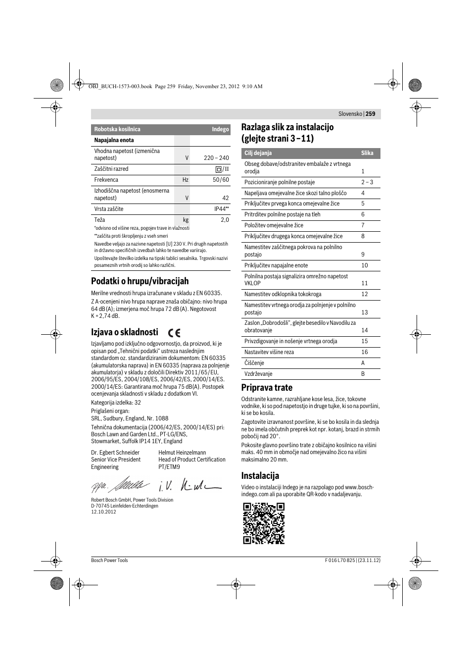 Podatki o hrupu/vibracijah, Izjava o skladnosti, Instalacija | Bosch Indego User Manual | Page 259 / 309