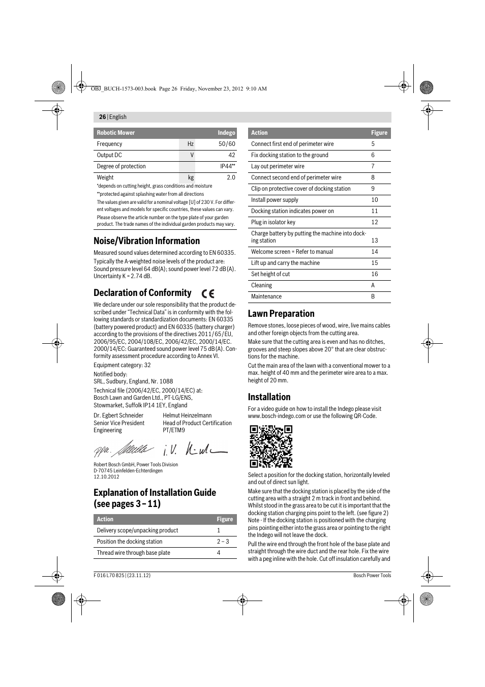 Noise/vibration information, Declaration of conformity, Installation | Bosch Indego User Manual | Page 26 / 309