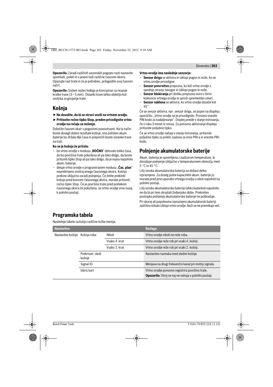 Košnja, Polnjenje akumulatorske baterije, Programska tabela | Bosch Indego User Manual | Page 263 / 309