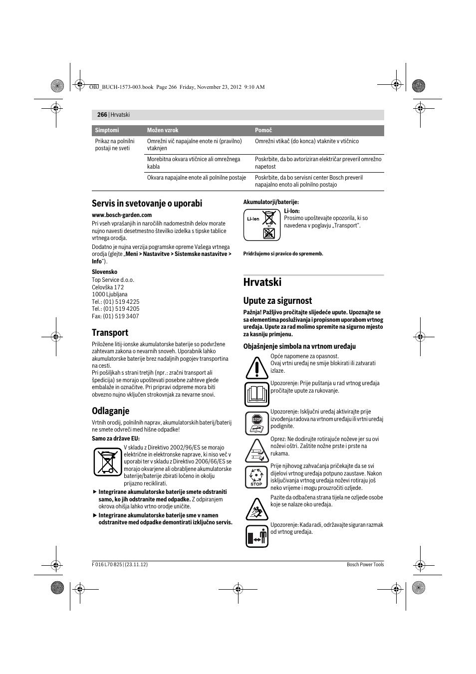 Hrvatski, Servis in svetovanje o uporabi, Transport | Odlaganje, Upute za sigurnost | Bosch Indego User Manual | Page 266 / 309