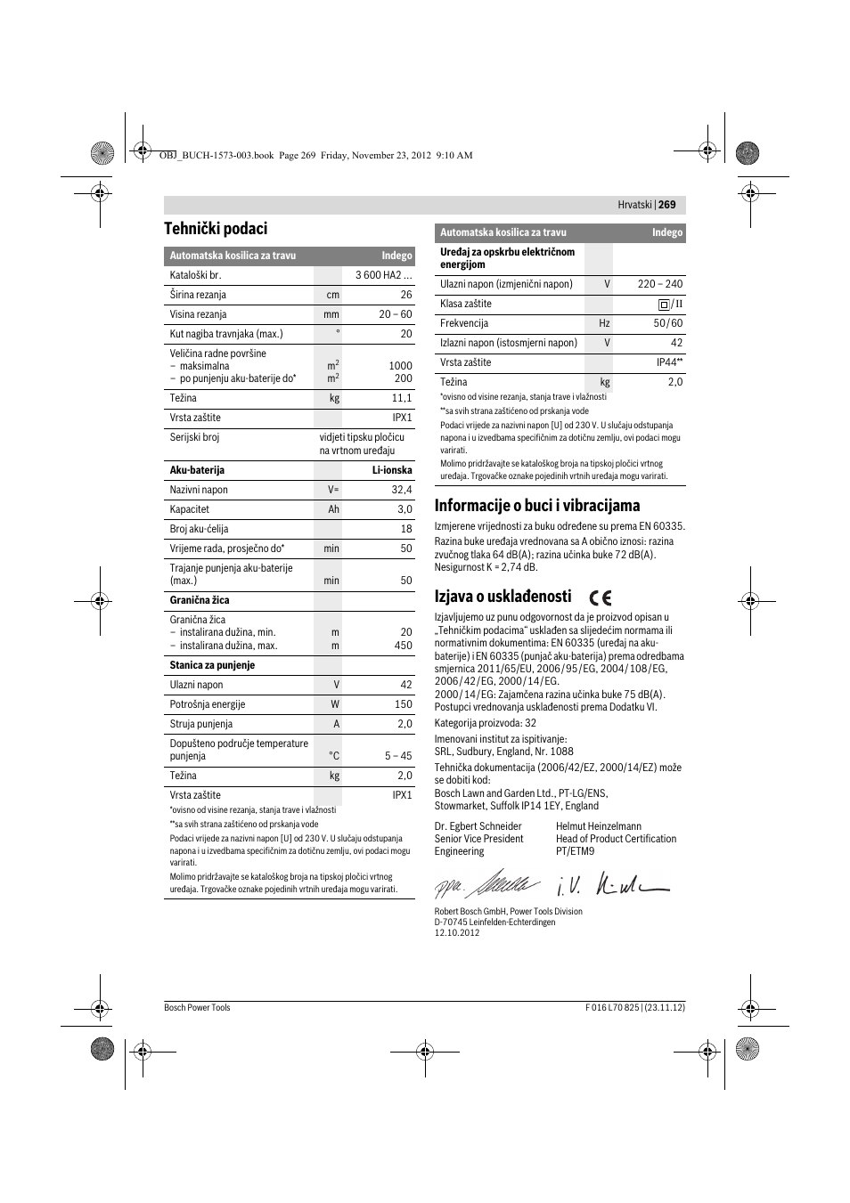 Tehnički podaci informacije o buci i vibracijama, Izjava o usklađenosti | Bosch Indego User Manual | Page 269 / 309