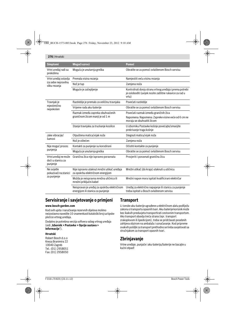 Servisiranje i savjetovanje o primjeni, Transport, Zbrinjavanje | Bosch Indego User Manual | Page 276 / 309