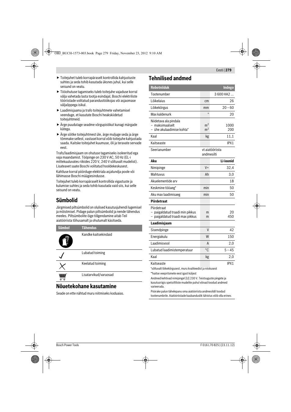 Sümbolid, Nõuetekohane kasutamine, Tehnilised andmed | Bosch Indego User Manual | Page 279 / 309