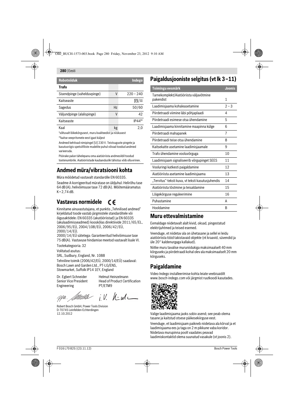 Andmed müra/vibratsiooni kohta, Vastavus normidele, Paigaldamine | Bosch Indego User Manual | Page 280 / 309