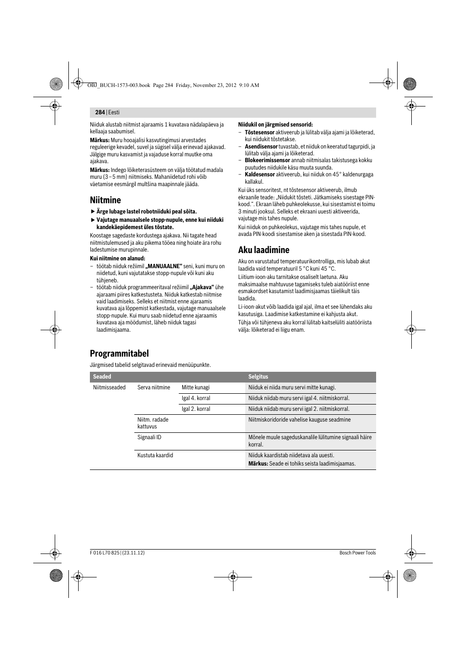 Niitmine, Aku laadimine, Programmitabel | Bosch Indego User Manual | Page 284 / 309