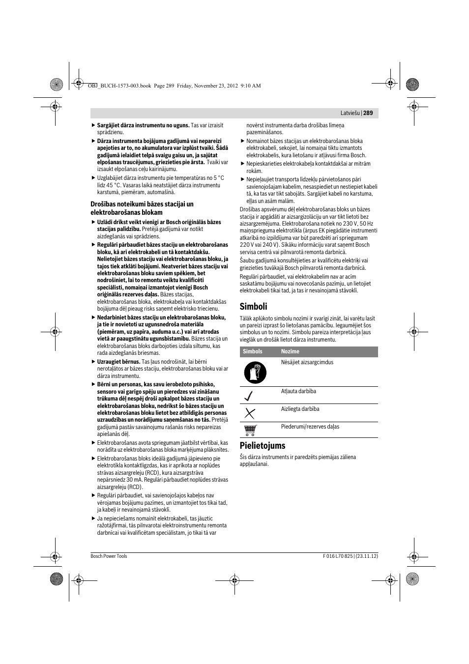 Simboli, Pielietojums | Bosch Indego User Manual | Page 289 / 309