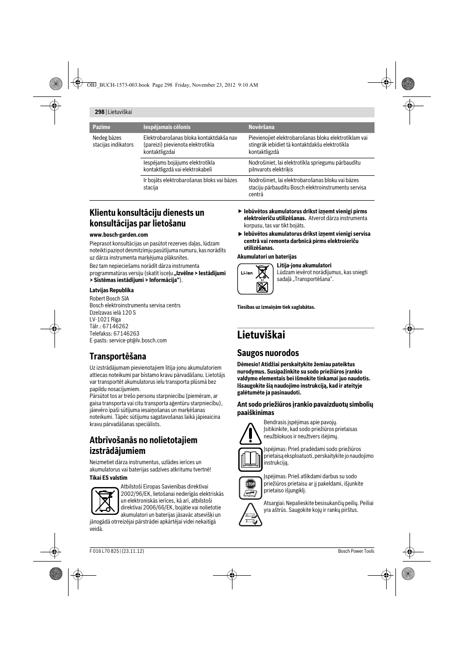 Lietuviškai, Transportēšana, Atbrīvošanās no nolietotajiem izstrādājumiem | Saugos nuorodos | Bosch Indego User Manual | Page 298 / 309