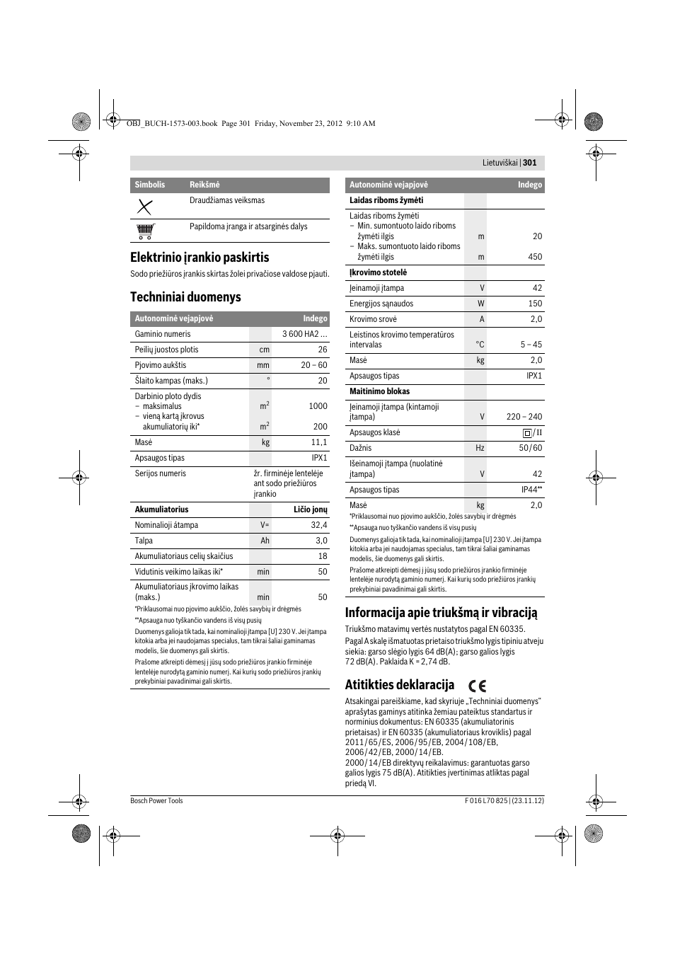 Elektrinio įrankio paskirtis, Atitikties deklaracija | Bosch Indego User Manual | Page 301 / 309