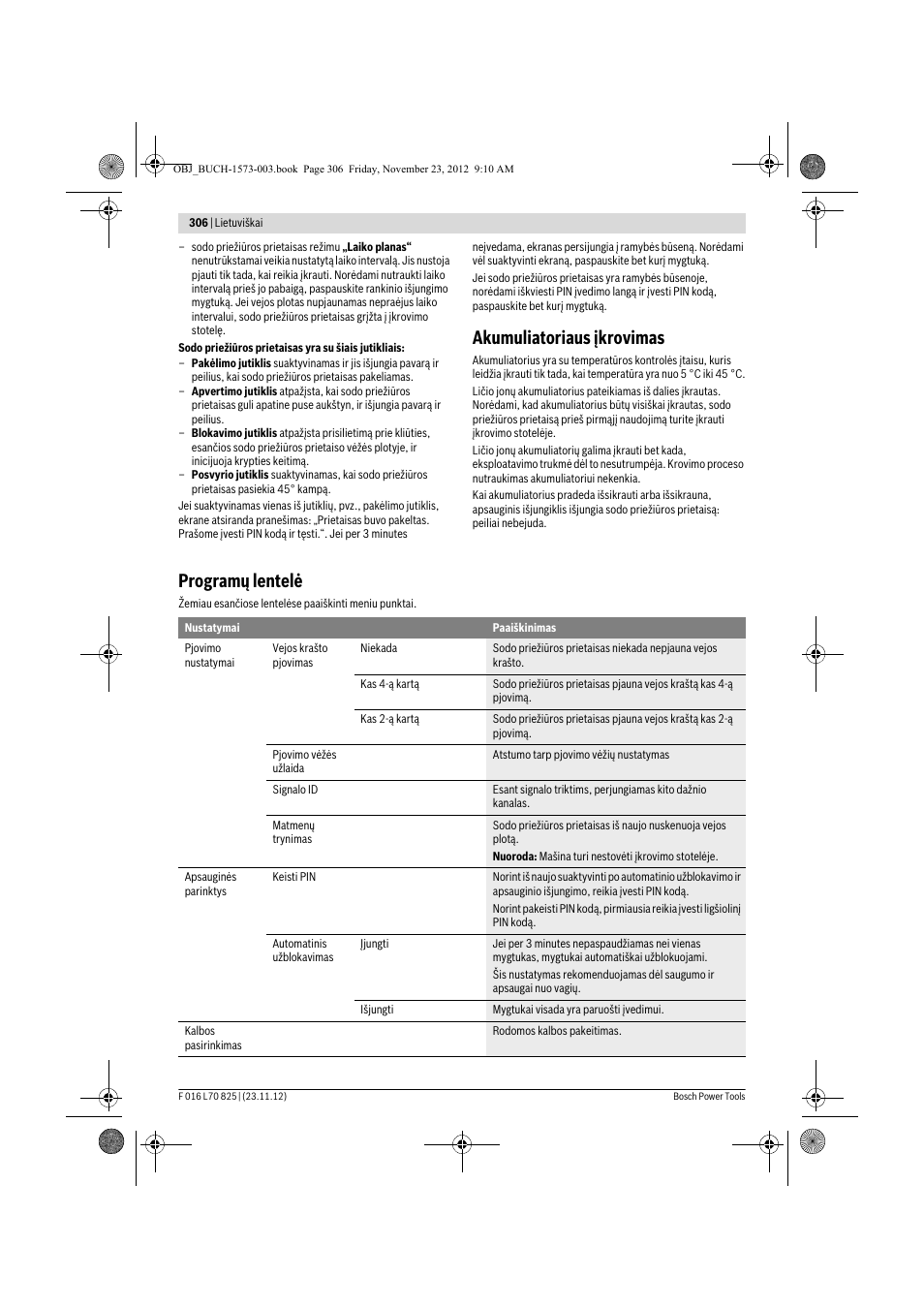 Akumuliatoriaus įkrovimas, Programų lentelė | Bosch Indego User Manual | Page 306 / 309