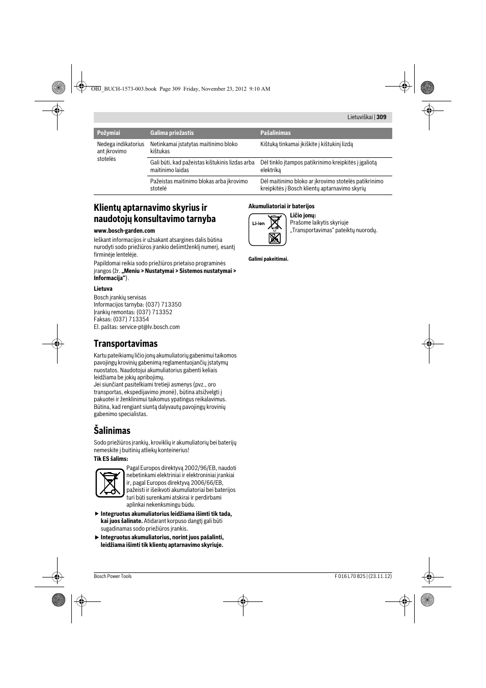 Transportavimas, Šalinimas | Bosch Indego User Manual | Page 309 / 309