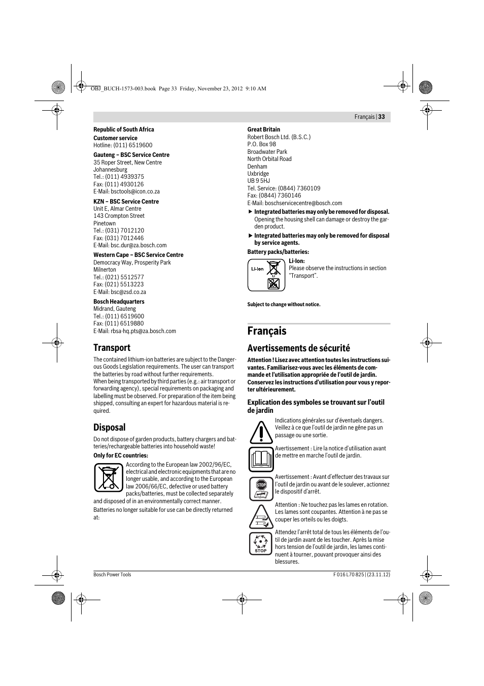 Français, Transport, Disposal | Avertissements de sécurité | Bosch Indego User Manual | Page 33 / 309