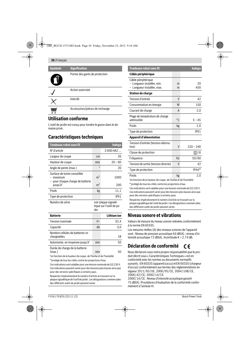 Utilisation conforme, Déclaration de conformité | Bosch Indego User Manual | Page 36 / 309