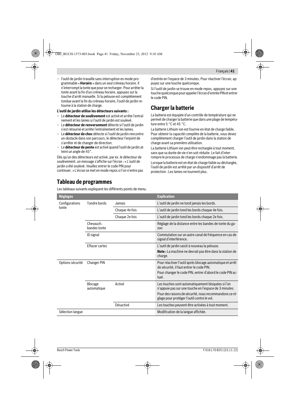 Charger la batterie, Tableau de programmes | Bosch Indego User Manual | Page 41 / 309