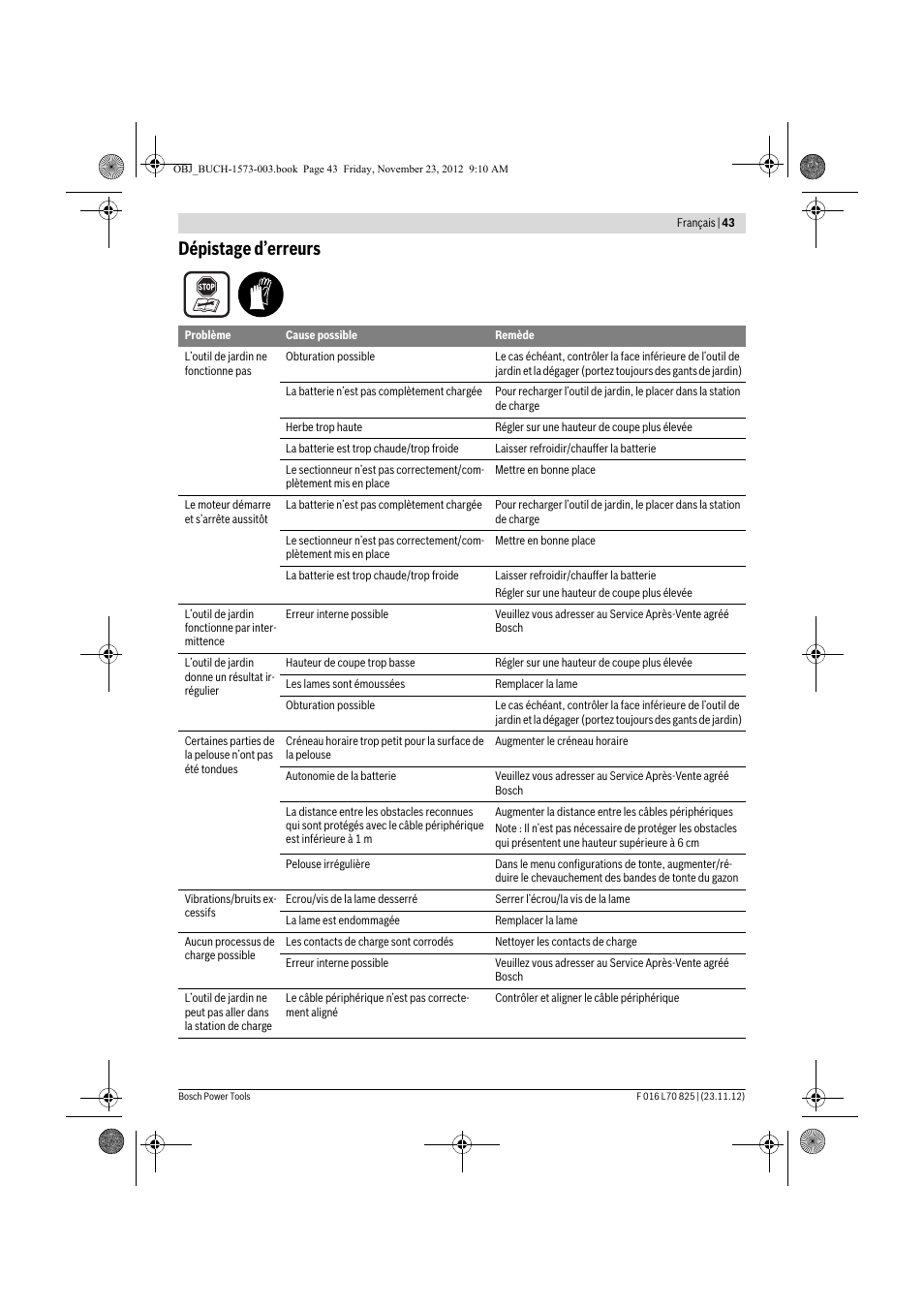 Dépistage d’erreurs | Bosch Indego User Manual | Page 43 / 309